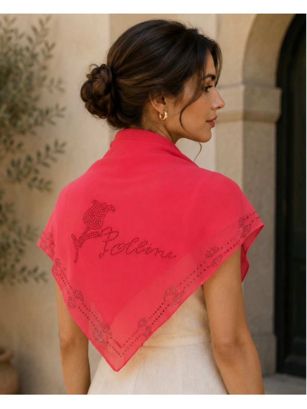 Pollini Rhinestone Embellished Square Scarf Coral Pink